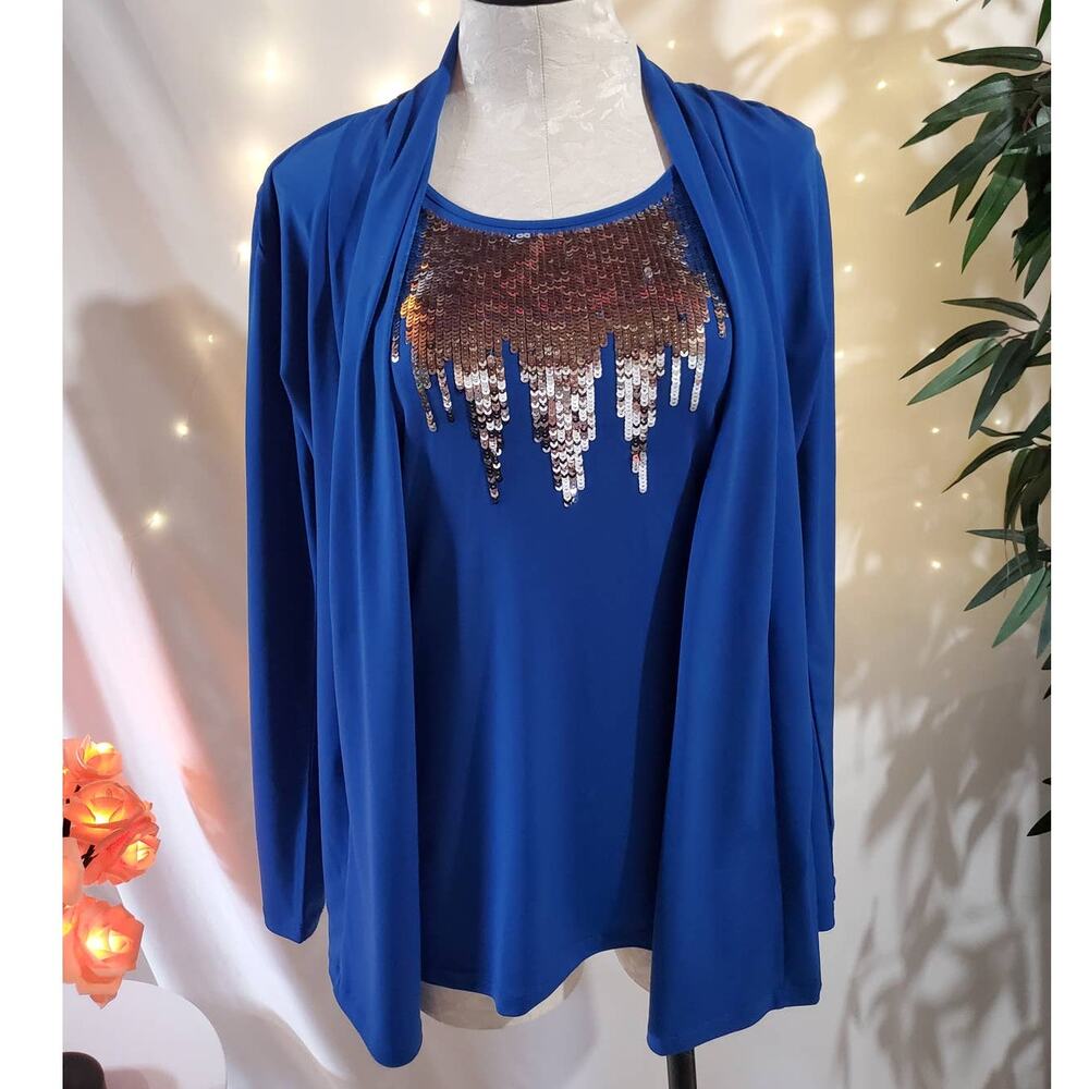 Laura Scott Silver Sequin Blue Cardigan Tank Set Womens Size S Event Career